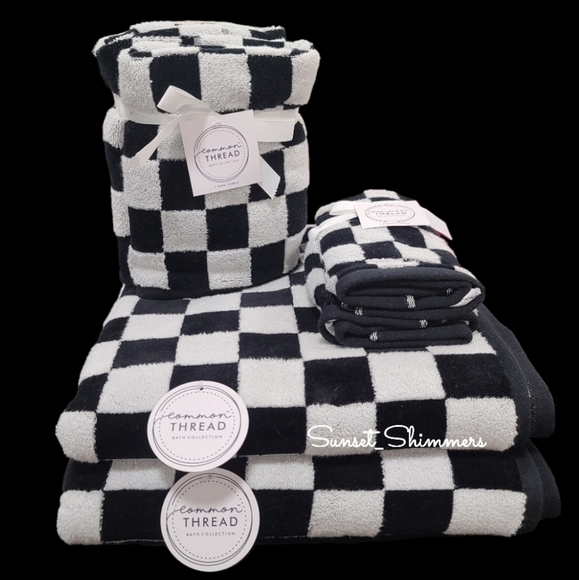 6pc Common Thread Black White Courtly Check Bath Hand Washcloth Towel Set New - Picture 1 of 8